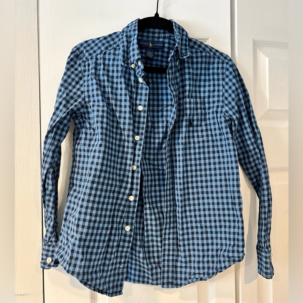 Ralph Lauren Boys Blue Checkered Button Down Dress Shirt. Size Medium 10/12